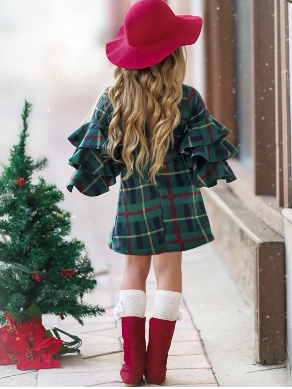 Nwt Mia Belle Girls Classic Green Plaid Holiday Dress With Ruffle Sleeves - Kids — image 3 of 8